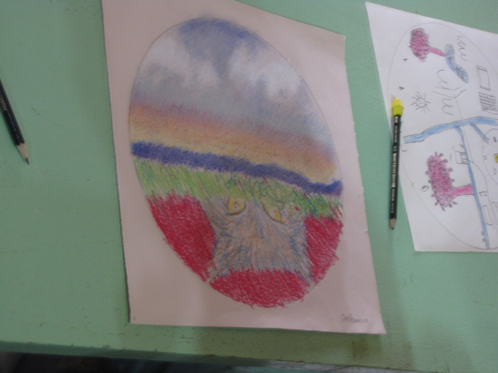 Desenhos coloridos realizados em oficina terapêutica
